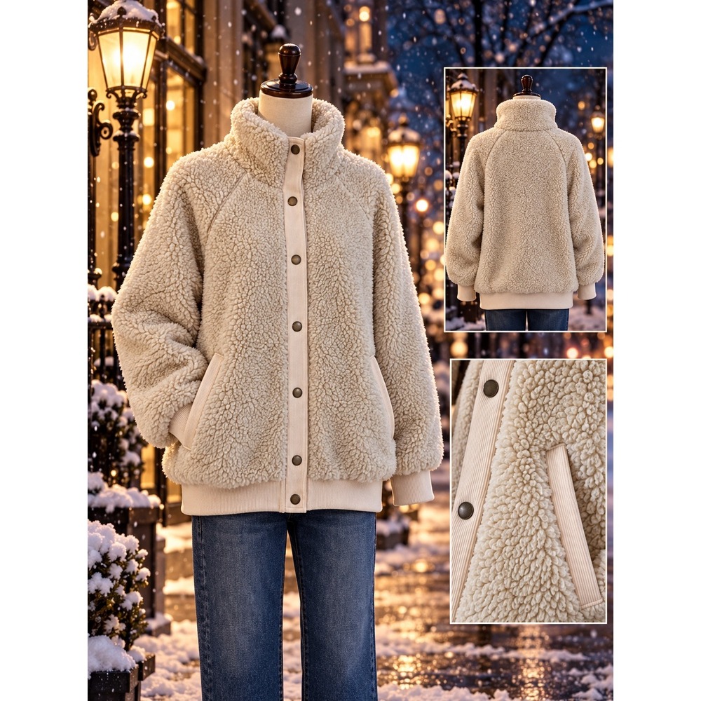 VTSGN Cream Sherpa Fleece Snap Front Jacket Funnel Neck Cream Small